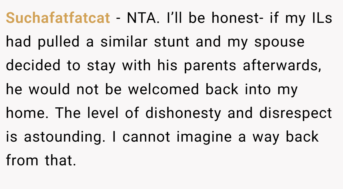 Suchafatfatcat − NTA. I’ll be honest- if my ILs had pulled a similar stunt and my spouse decided to stay with his parents afterwards, he would not be welcomed back into my home. The level of dishonesty and disrespect is astounding. I cannot imagine a way back from that.