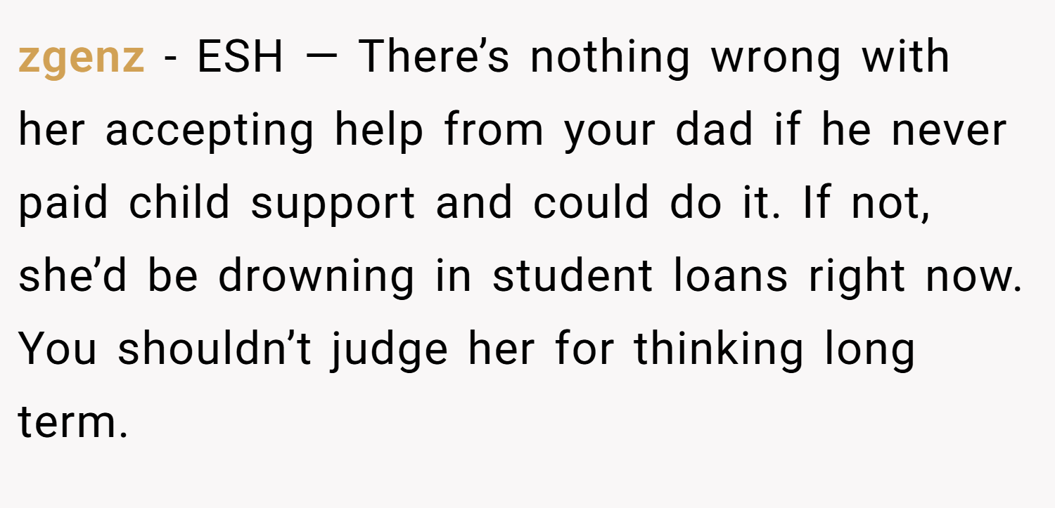 zgenz − ESH — There’s nothing wrong with her accepting help from your dad if he never paid child support and could do it. If not, she’d be drowning in student loans right now. You shouldn’t judge her for thinking long term.