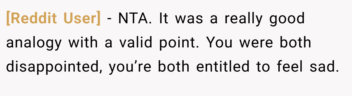 [Reddit User] − NTA. It was a really good analogy with a valid point. You were both disappointed, you’re both entitled to feel sad.