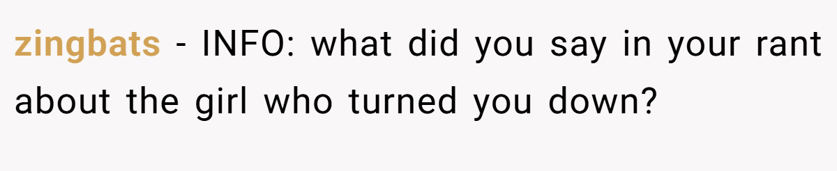 zingbats − INFO: what did you say in your rant about the girl who turned you down?