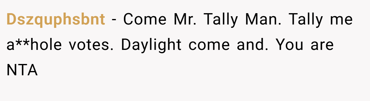 Dszquphsbnt − Come Mr. Tally Man. Tally me a**hole votes. Daylight come and. You are NTA