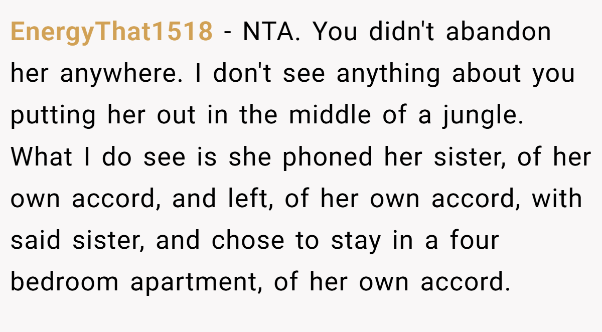 EnergyThat1518 − NTA. You didn't abandon her anywhere. I don't see anything about you putting her out in the middle of a jungle. What I do see is she phoned her sister, of her own accord, and left, of her own accord, with said sister, and chose to stay in a four bedroom apartment, of her own accord.