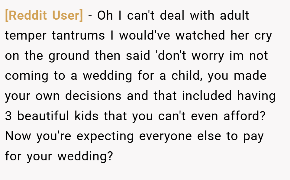 [Reddit User] − Oh I can't deal with adult temper tantrums I would've watched her cry on the ground then said 'don't worry im not coming to a wedding for a child, you made your own decisions and that included having 3 beautiful kids that you can't even afford? Now you're expecting everyone else to pay for your wedding?