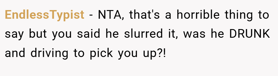 EndlessTypist − NTA, that's a horrible thing to say but you said he slurred it, was he DRUNK and driving to pick you up?!