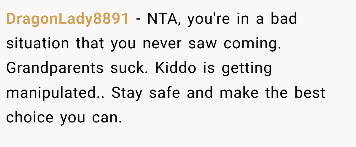 DragonLady8891 − NTA, you're in a bad situation that you never saw coming. Grandparents suck. Kiddo is getting manipulated.. Stay safe and make the best choice you can.