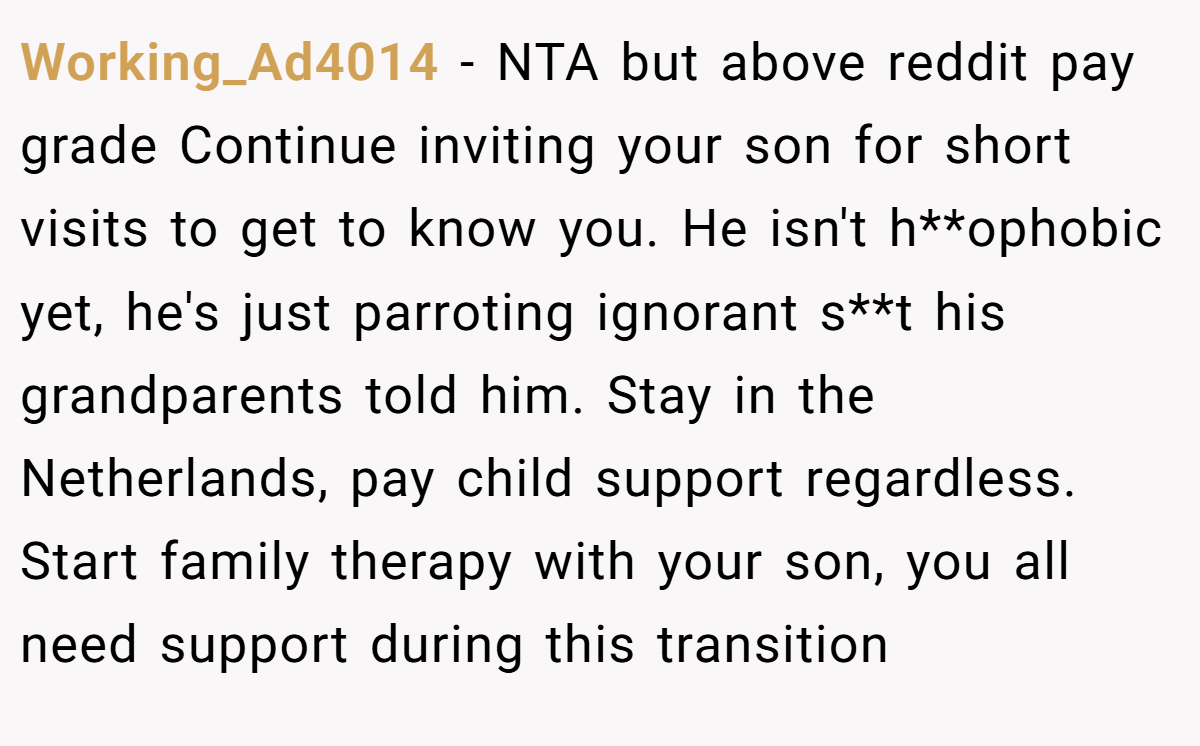 Working_Ad4014 − NTA but above reddit pay grade Continue inviting your son for short visits to get to know you. He isn't h**ophobic yet, he's just parroting ignorant s**t his grandparents told him. Stay in the Netherlands, pay child support regardless. Start family therapy with your son, you all need support during this transition