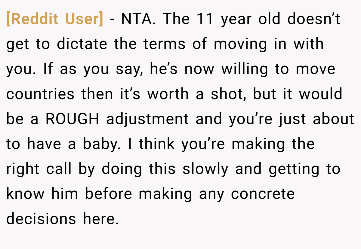 [Reddit User] − NTA. The 11 year old doesn’t get to dictate the terms of moving in with you. If as you say, he’s now willing to move countries then it’s worth a shot, but it would be a ROUGH adjustment and you’re just about to have a baby. I think you’re making the right call by doing this slowly and getting to know him before making any concrete decisions here.