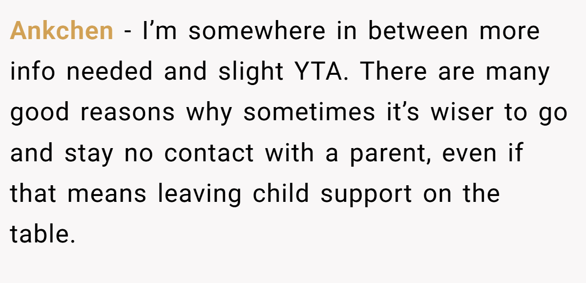 Ankchen − I’m somewhere in between more info needed and slight YTA. There are many good reasons why sometimes it’s wiser to go and stay no contact with a parent, even if that means leaving child support on the table.