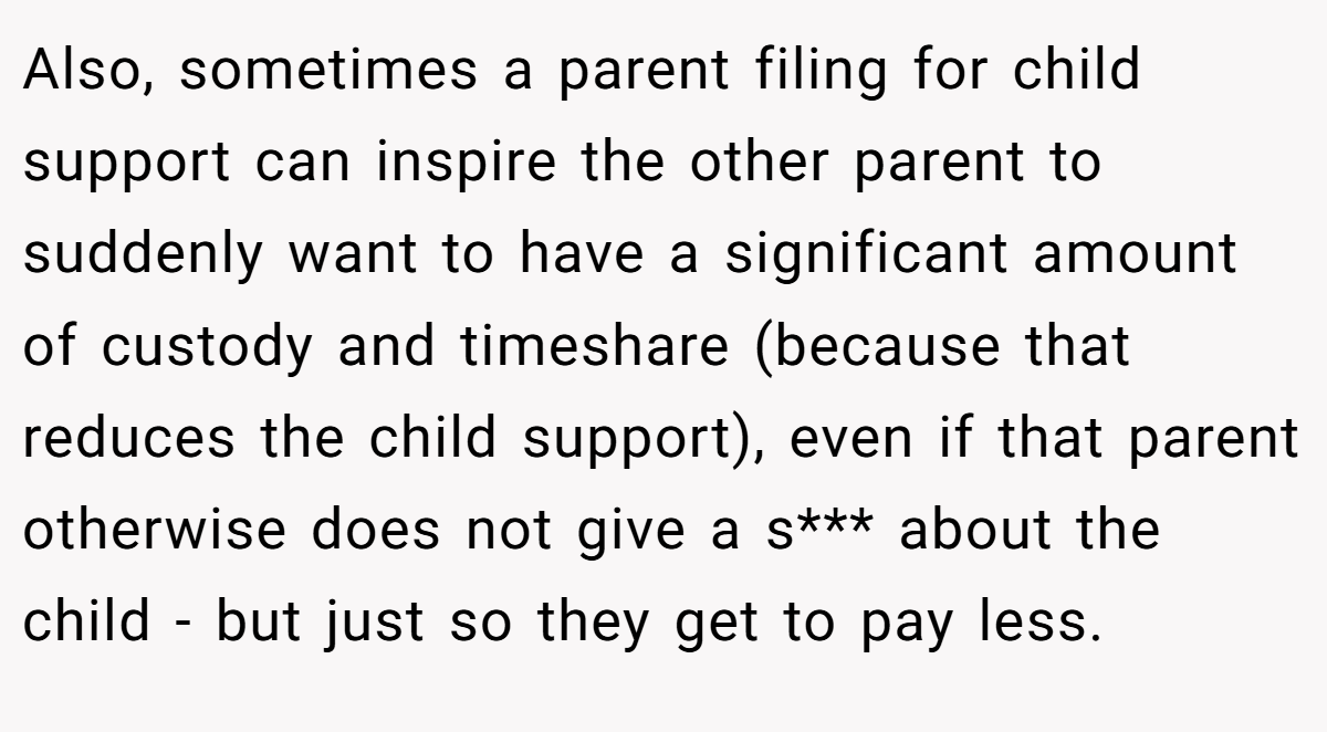 Also, sometimes a parent filing for child support can inspire the other parent to suddenly want to have a significant amount of custody and timeshare (because that reduces the child support), even if that parent otherwise does not give a s*** about the child - but just so they get to pay less.