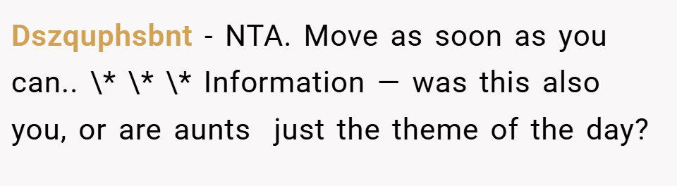 Dszquphsbnt − NTA. Move as soon as you can.. \* \* \* Information — was this also you, or are aunts  just the theme of the day? 