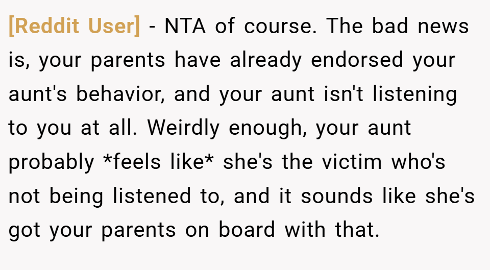 [Reddit User] − NTA of course. The bad news is, your parents have already endorsed your aunt's behavior, and your aunt isn't listening to you at all. Weirdly enough, your aunt probably *feels like* she's the victim who's not being listened to, and it sounds like she's got your parents on board with that.