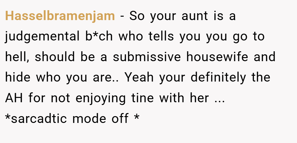 Hasselbramenjam − So your aunt is a judgemental b*ch who tells you you go to hell, should be a submissive housewife and hide who you are.. Yeah your definitely the AH for not enjoying tine with her ... *sarcadtic mode off *