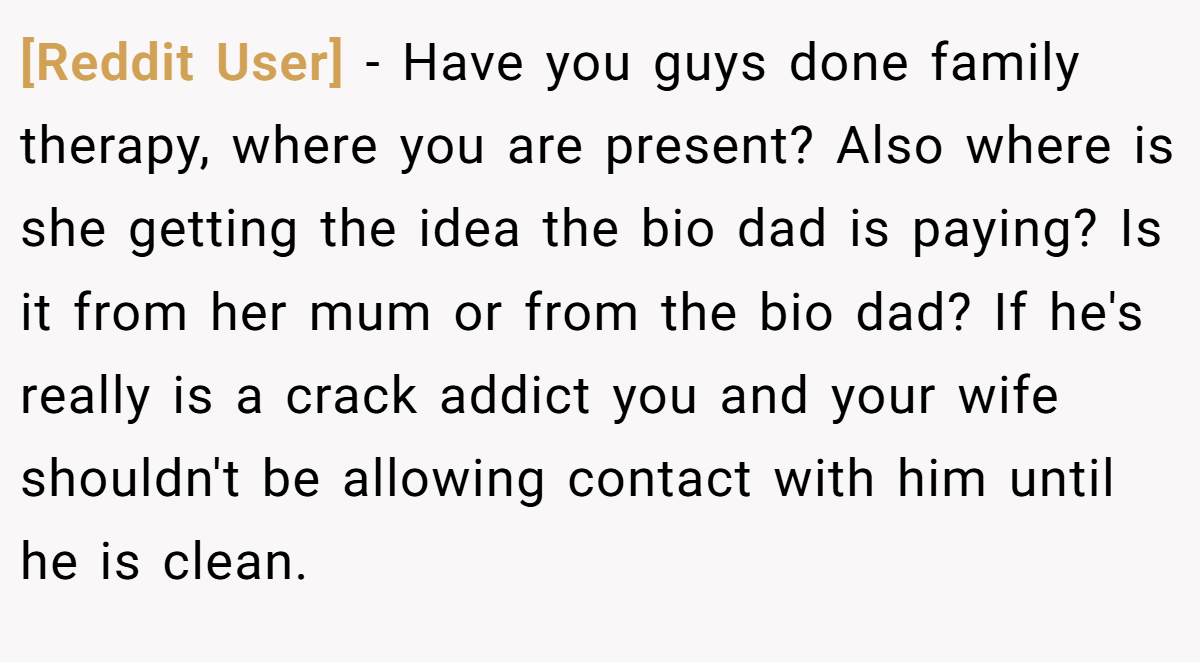 [Reddit User] − Have you guys done family therapy, where you are present? Also where is she getting the idea the bio dad is paying? Is it from her mum or from the bio dad? If he's really is a crack addict you and your wife shouldn't be allowing contact with him until he is clean.