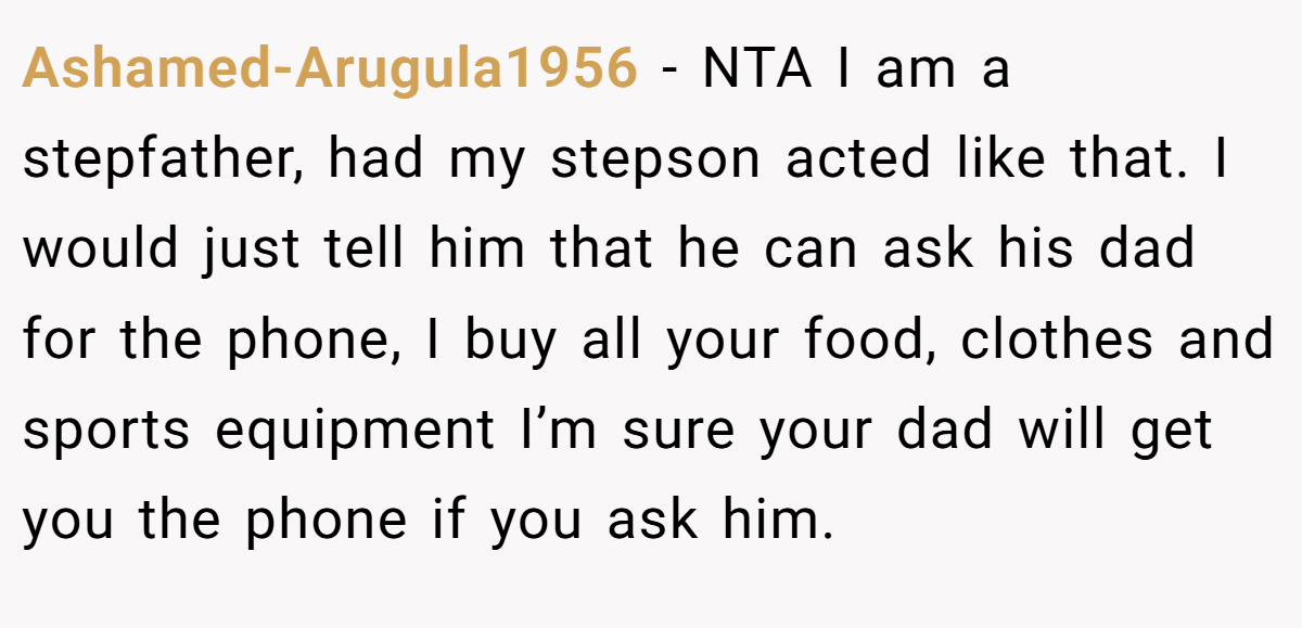 Ashamed-Arugula1956 − NTA I am a stepfather, had my stepson acted like that. I would just tell him that he can ask his dad for the phone, I buy all your food, clothes and sports equipment I’m sure your dad will get you the phone if you ask him.