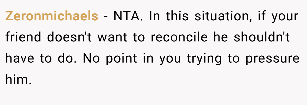 Zeronmichaels − NTA. In this situation, if your friend doesn't want to reconcile he shouldn't have to do. No point in you trying to pressure him.