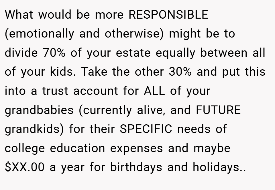 What would be more RESPONSIBLE (emotionally and otherwise) might be to divide 70% of your estate equally between all of your kids. Take the other 30% and put this into a trust account for ALL of your grandbabies (currently alive, and FUTURE grandkids) for their SPECIFIC needs of college education expenses and maybe $XX.00 a year for birthdays and holidays..
