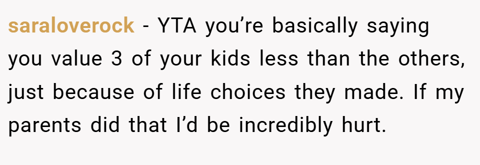 saraloverock − YTA you’re basically saying you value 3 of your kids less than the others, just because of life choices they made. If my parents did that I’d be incredibly hurt.