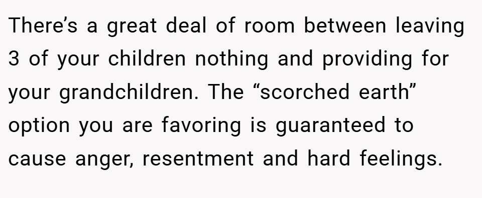 There’s a great deal of room between leaving 3 of your children nothing and providing for your grandchildren. The “scorched earth” option you are favoring is guaranteed to cause anger, resentment and hard feelings.