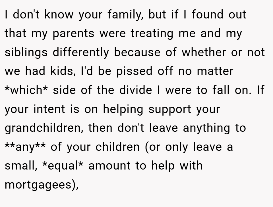 I don't know your family, but if I found out that my parents were treating me and my siblings differently because of whether or not we had kids, I'd be pissed off no matter *which* side of the divide I were to fall on. If your intent is on helping support your grandchildren, then don't leave anything to **any** of your children (or only leave a small, *equal* amount to help with mortgagees),