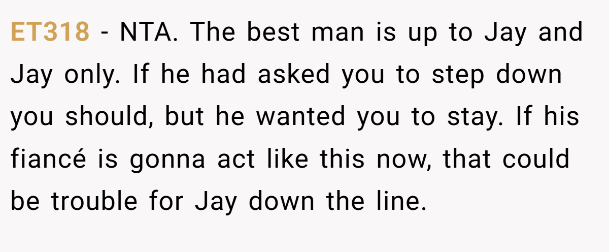 ET318 − NTA. The best man is up to Jay and Jay only. If he had asked you to step down you should, but he wanted you to stay. If his fiancé is gonna act like this now, that could be trouble for Jay down the line.