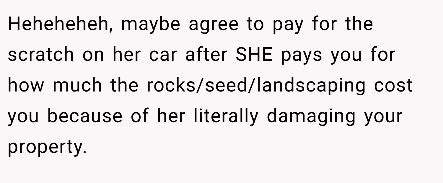 Heheheheh, maybe agree to pay for the scratch on her car after SHE pays you for how much the rocks/seed/landscaping cost you because of her literally damaging your property.