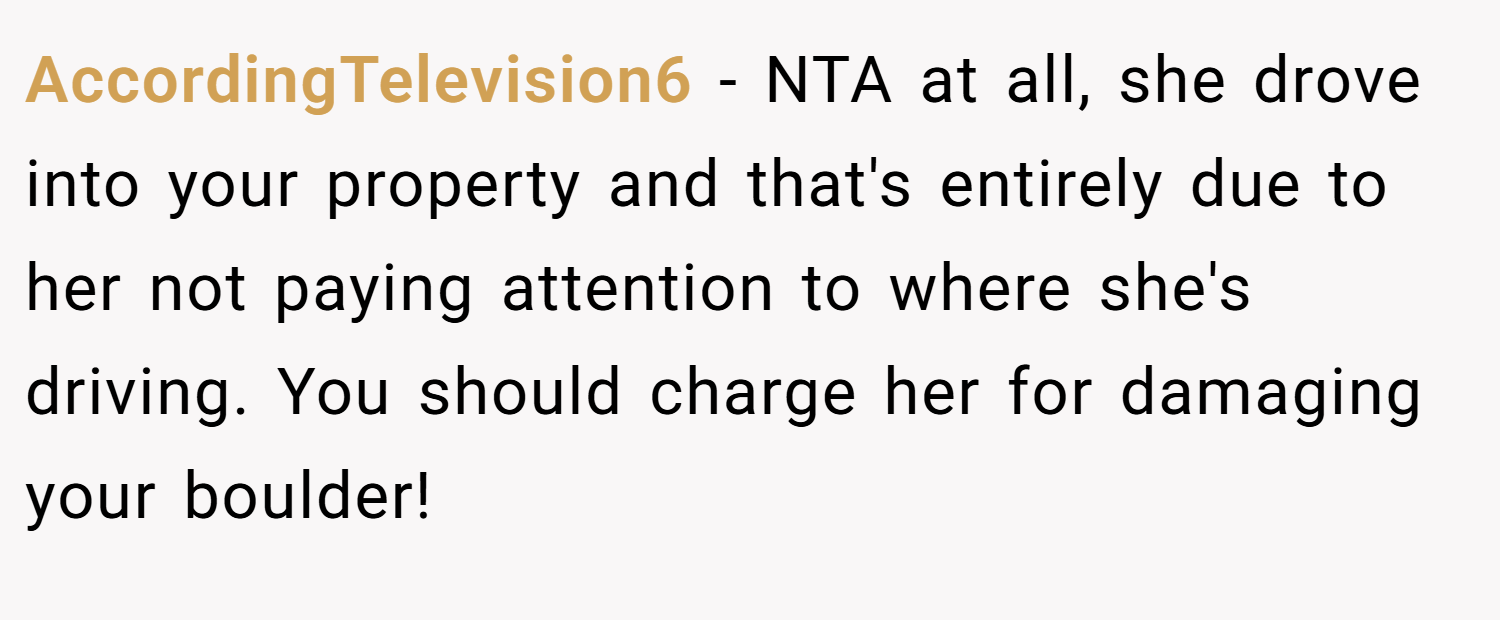 AccordingTelevision6 − NTA at all, she drove into your property and that's entirely due to her not paying attention to where she's driving. You should charge her for damaging your boulder!