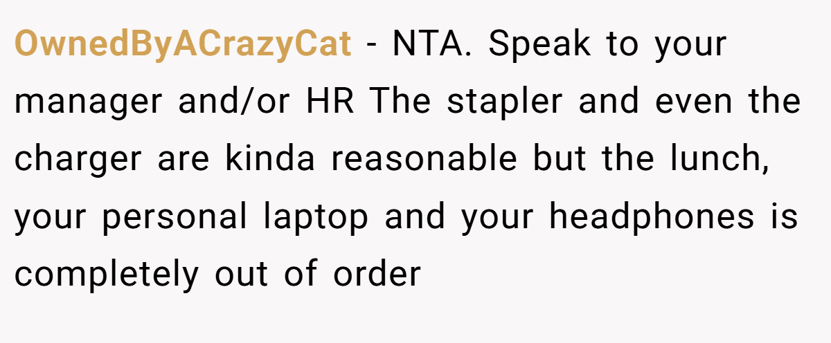 OwnedByACrazyCat − NTA. Speak to your manager and/or HR The stapler and even the charger are kinda reasonable but the lunch, your personal laptop and your headphones is completely out of order
