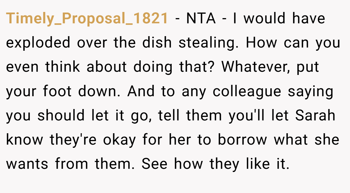 Timely_Proposal_1821 − NTA - I would have exploded over the dish stealing. How can you even think about doing that? Whatever, put your foot down. And to any colleague saying you should let it go, tell them you'll let Sarah know they're okay for her to borrow what she wants from them. See how they like it.