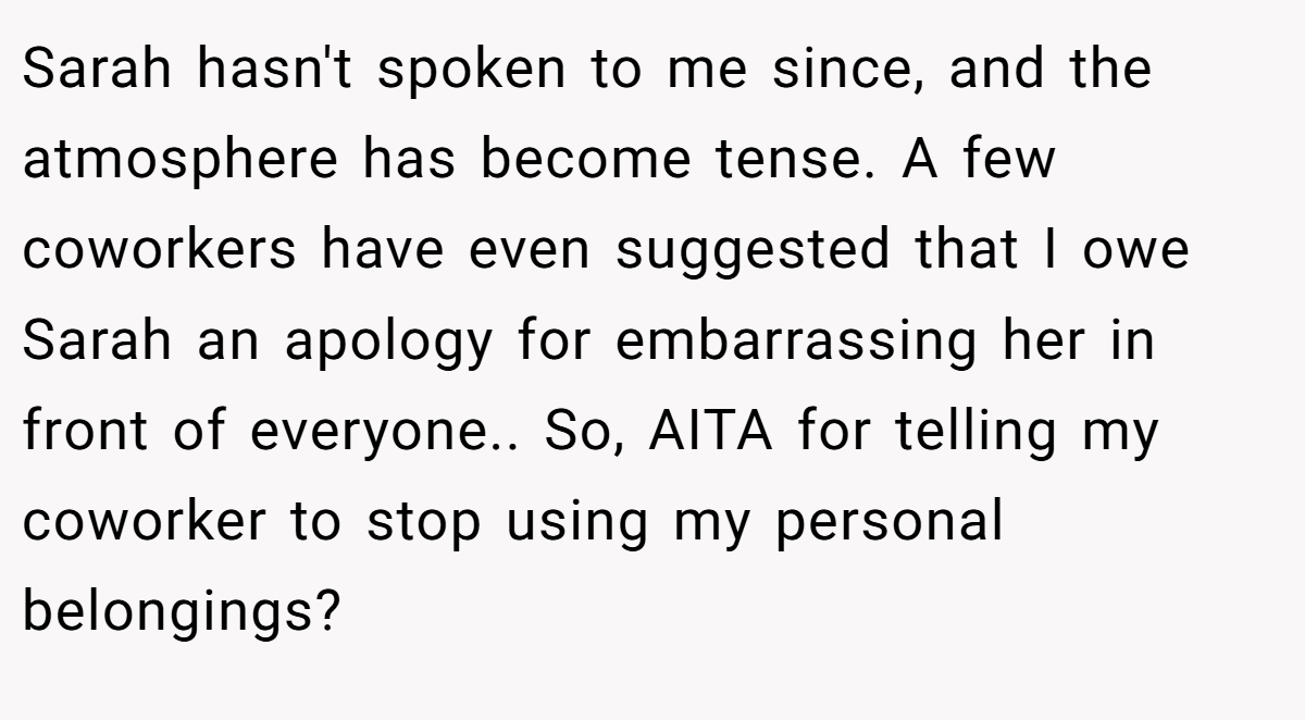Sarah hasn't spoken to me since, and the atmosphere has become tense. A few coworkers have even suggested that I owe Sarah an apology for embarrassing her in front of everyone.. So, AITA for telling my coworker to stop using my personal belongings?