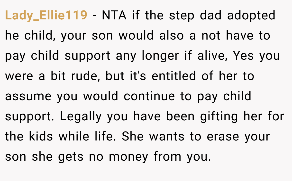 Lady_Ellie119 − NTA if the step dad adopted he child, your son would also a not have to pay child support any longer if alive, Yes you were a bit rude, but it's entitled of her to assume you would continue to pay child support. Legally you have been gifting her for the kids while life. She wants to erase your son she gets no money from you.