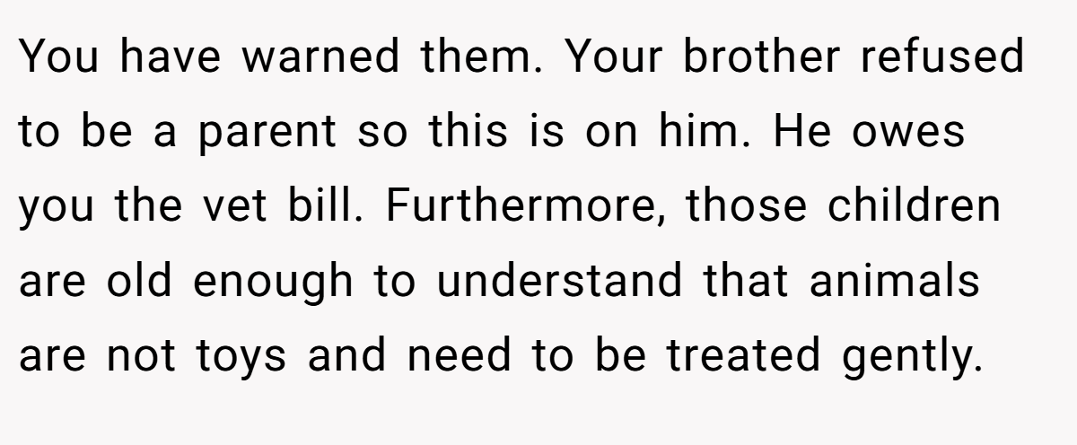 You have warned them. Your brother refused to be a parent so this is on him. He owes you the vet bill. Furthermore, those children are old enough to understand that animals are not toys and need to be treated gently.