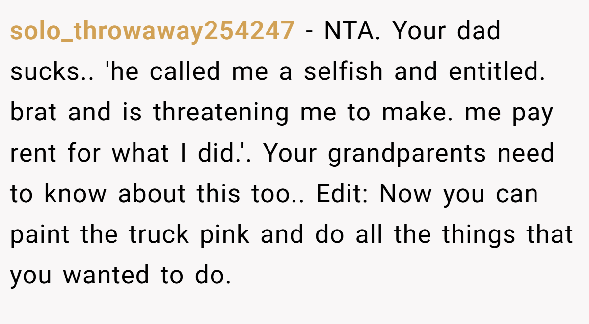 solo_throwaway254247 − NTA. Your dad sucks.. 'he called me a selfish and entitled. brat and is threatening me to make. me pay rent for what I did.'. Your grandparents need to know about this too.. Edit: Now you can paint the truck pink and do all the things that you wanted to do.