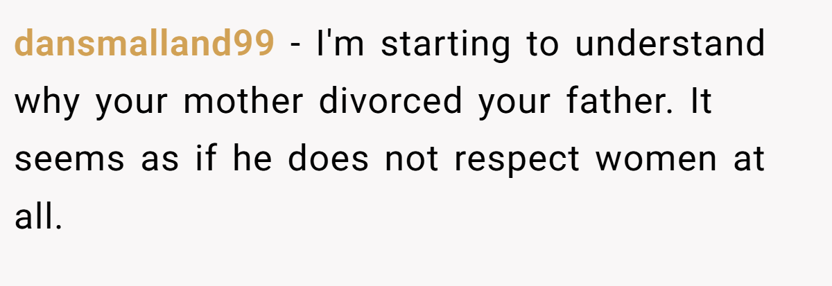 dansmalland99 − I'm starting to understand why your mother divorced your father. It seems as if he does not respect women at all.