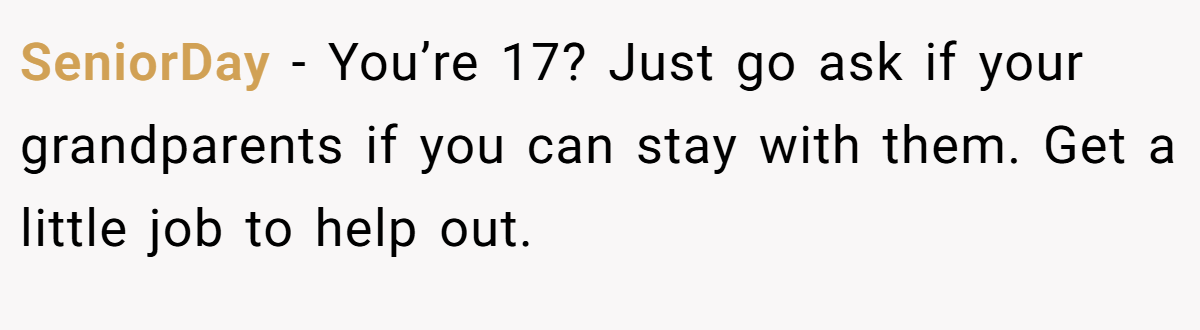 SeniorDay − You’re 17? Just go ask if your grandparents if you can stay with them. Get a little job to help out.
