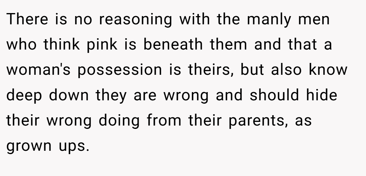 There is no reasoning with the manly men who think pink is beneath them and that a woman's possession is theirs, but also know deep down they are wrong and should hide their wrong doing from their parents, as grown ups.