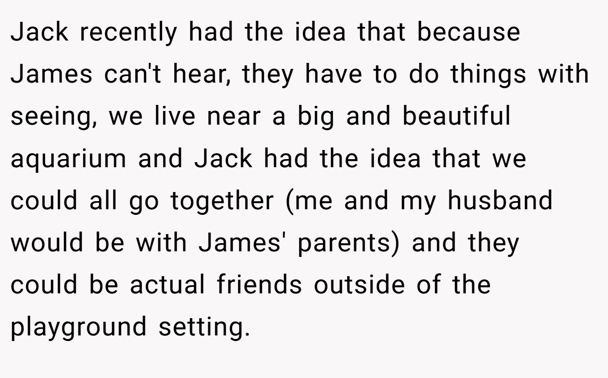 Jack recently had the idea that because James can't hear, they have to do things with seeing, we live near a big and beautiful aquarium and Jack had the idea that we could all go together (me and my husband would be with James' parents) and they could be actual friends outside of the playground setting.
