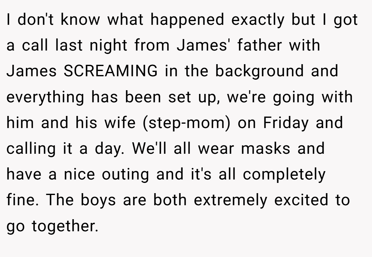 I don't know what happened exactly but I got a call last night from James' father with James SCREAMING in the background and everything has been set up, we're going with him and his wife (step-mom) on Friday and calling it a day. We'll all wear masks and have a nice outing and it's all completely fine. The boys are both extremely excited to go together.