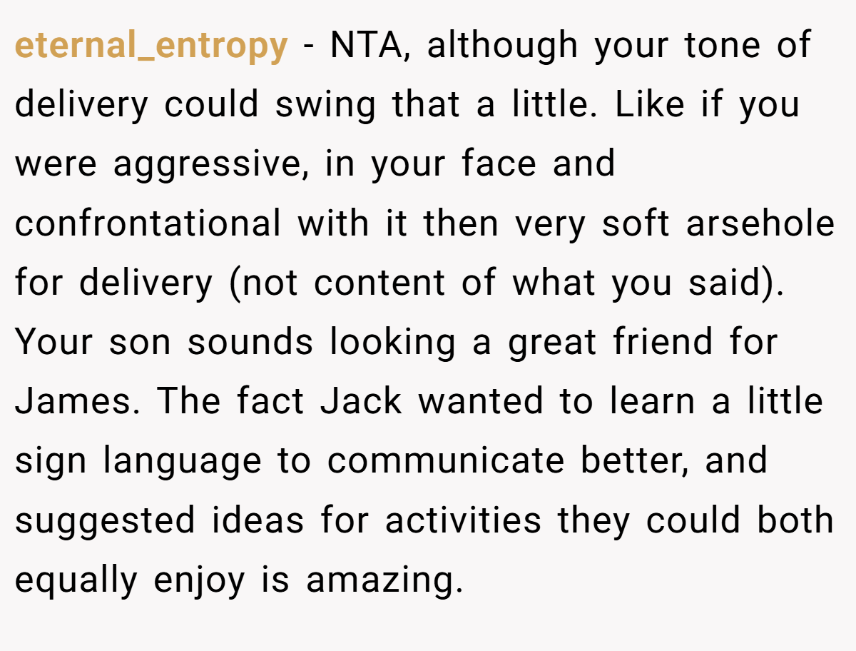 eternal_entropy − NTA, although your tone of delivery could swing that a little. Like if you were aggressive, in your face and confrontational with it then very soft arsehole for delivery (not content of what you said). Your son sounds looking a great friend for James. The fact Jack wanted to learn a little sign language to communicate better, and suggested ideas for activities they could both equally enjoy is amazing.