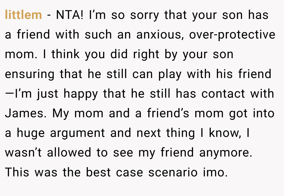 littlem − NTA! I’m so sorry that your son has a friend with such an anxious, over-protective mom. I think you did right by your son ensuring that he still can play with his friend—I’m just happy that he still has contact with James. My mom and a friend’s mom got into a huge argument and next thing I know, I wasn’t allowed to see my friend anymore. This was the best case scenario imo.