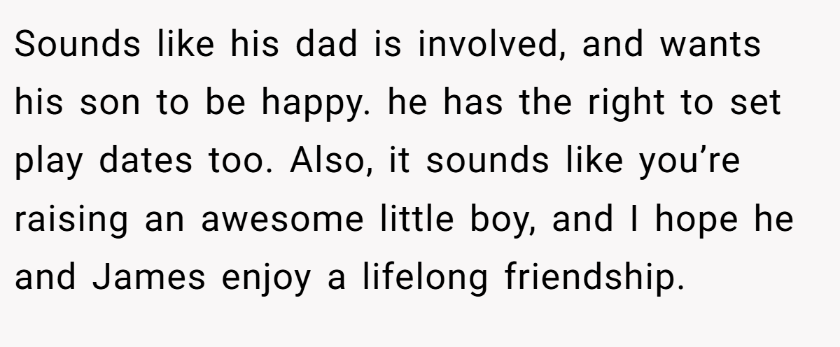 Sounds like his dad is involved, and wants his son to be happy. he has the right to set play dates too. Also, it sounds like you’re raising an awesome little boy, and I hope he and James enjoy a lifelong friendship.