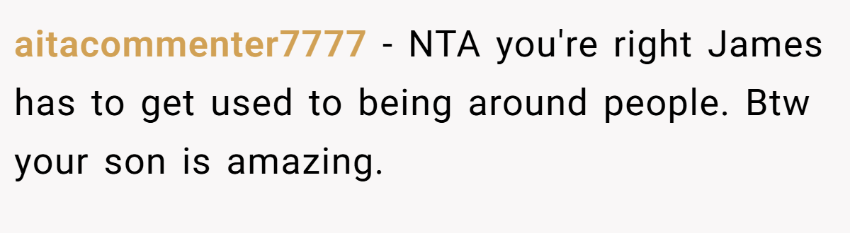 aitacommenter7777 − NTA you're right James has to get used to being around people. Btw your son is amazing.