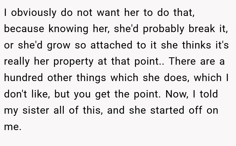 I obviously do not want her to do that, because knowing her, she'd probably break it, or she'd grow so attached to it she thinks it's really her property at that point.. There are a hundred other things which she does, which I don't like, but you get the point. Now, I told my sister all of this, and she started off on me.