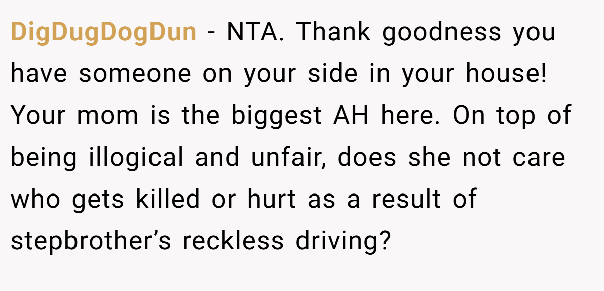 DigDugDogDun − NTA. Thank goodness you have someone on your side in your house! Your mom is the biggest AH here. On top of being illogical and unfair, does she not care who gets killed or hurt as a result of stepbrother’s reckless driving?