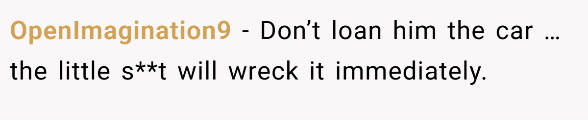 OpenImagination9 − Don’t loan him the car … the little s**t will wreck it immediately.
