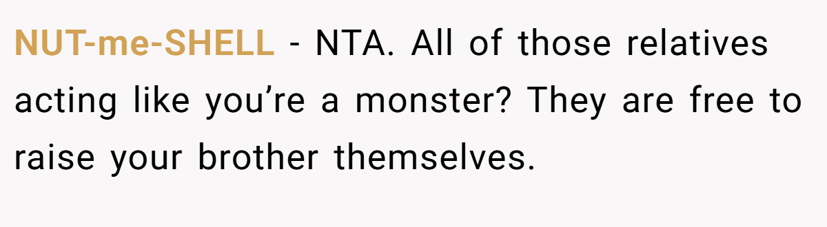 NUT-me-SHELL − NTA. All of those relatives acting like you’re a monster? They are free to raise your brother themselves.