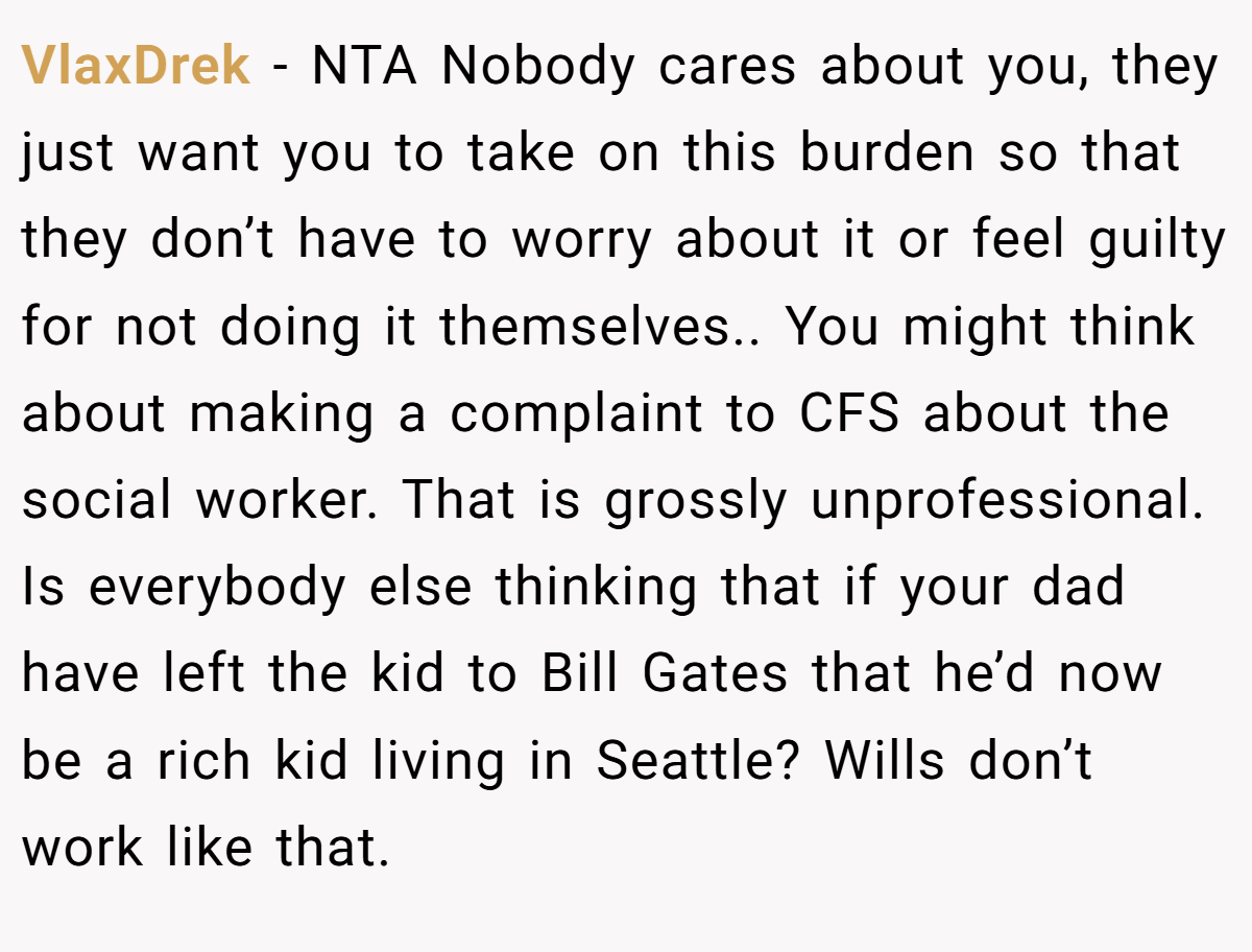 VlaxDrek − NTA Nobody cares about you, they just want you to take on this burden so that they don’t have to worry about it or feel guilty for not doing it themselves.. You might think about making a complaint to CFS about the social worker. That is grossly unprofessional. Is everybody else thinking that if your dad have left the kid to Bill Gates that he’d now be a rich kid living in Seattle? Wills don’t work like that.