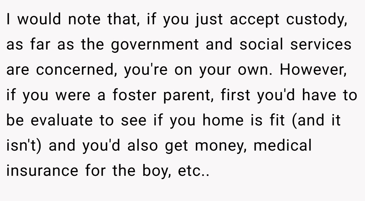 I would note that, if you just accept custody, as far as the government and social services are concerned, you're on your own. However, if you were a foster parent, first you'd have to be evaluate to see if you home is fit (and it isn't) and you'd also get money, medical insurance for the boy, etc..