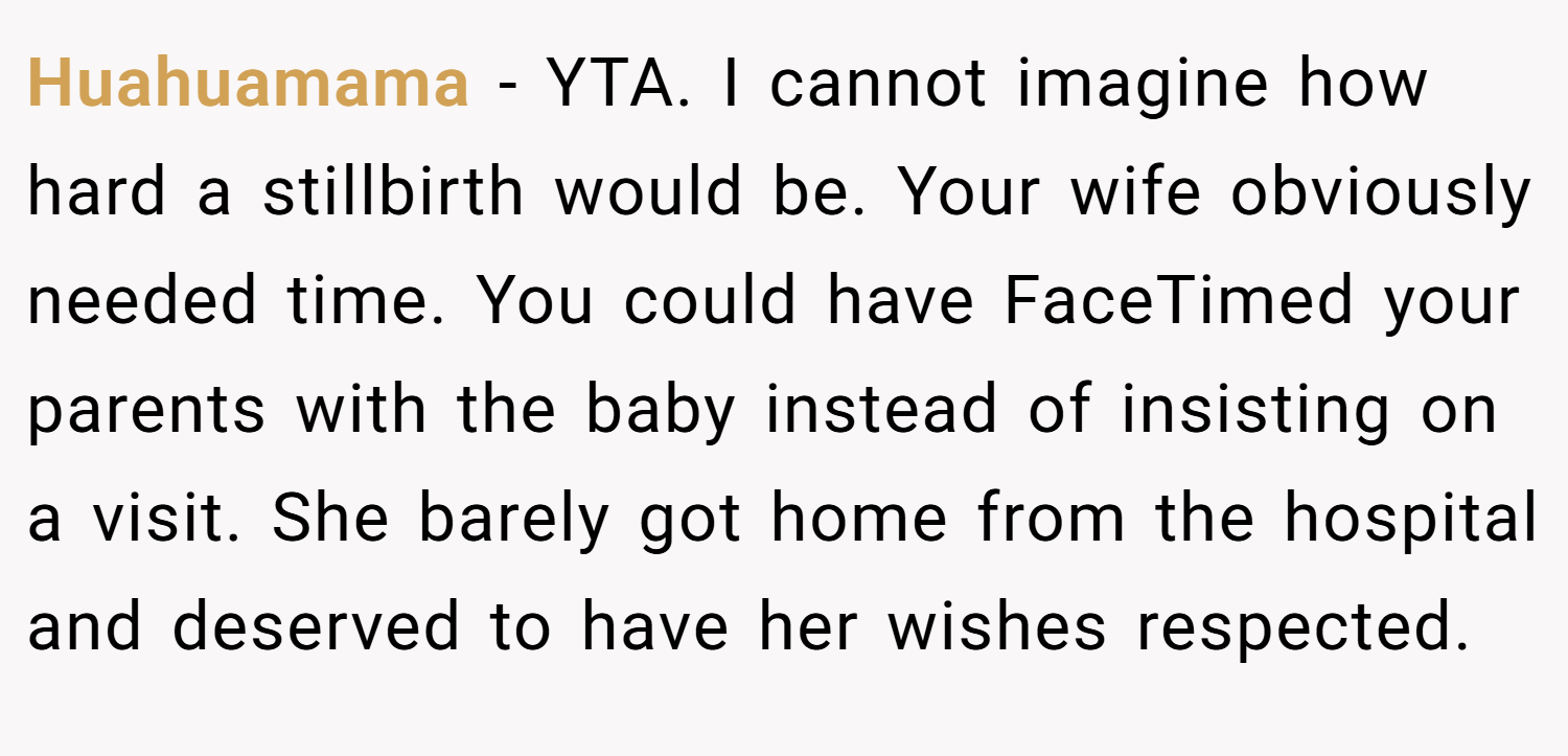 Huahuamama − YTA. I cannot imagine how hard a stillbirth would be. Your wife obviously needed time. You could have FaceTimed your parents with the baby instead of insisting on a visit. She barely got home from the hospital and deserved to have her wishes respected.