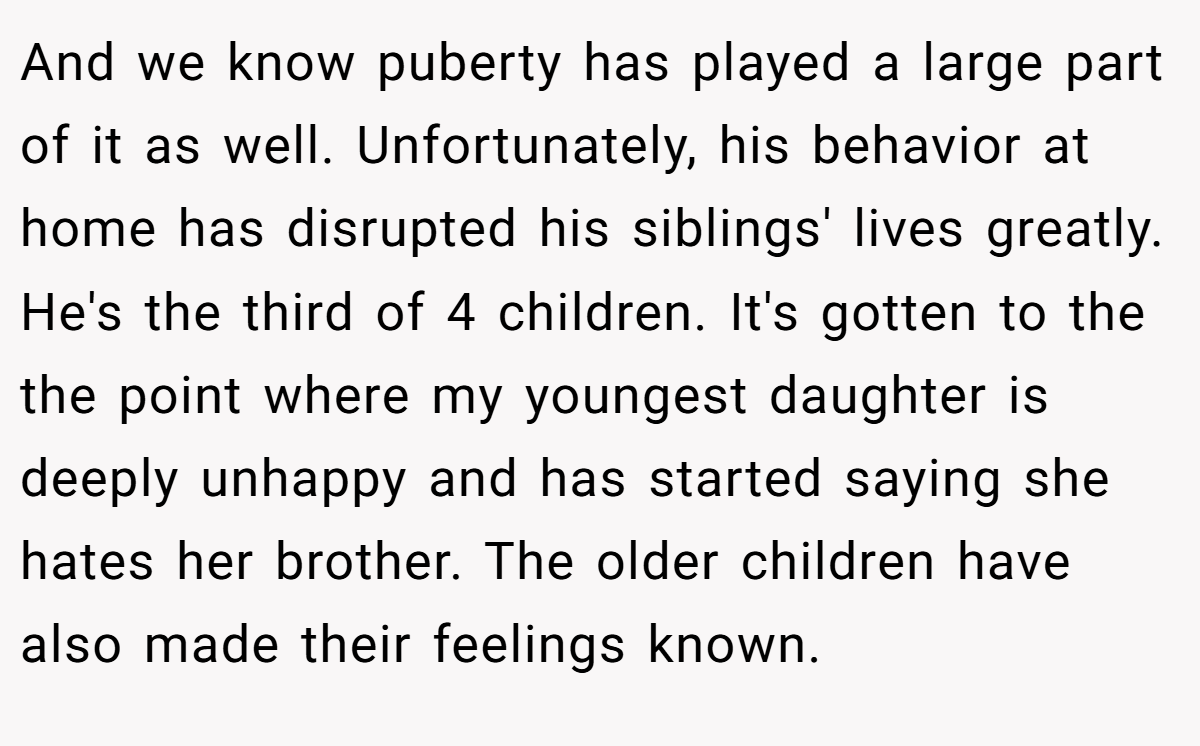 And we know puberty has played a large part of it as well. Unfortunately, his behavior at home has disrupted his siblings' lives greatly. He's the third of 4 children. It's gotten to the the point where my youngest daughter is deeply unhappy and has started saying she hates her brother. The older children have also made their feelings known.