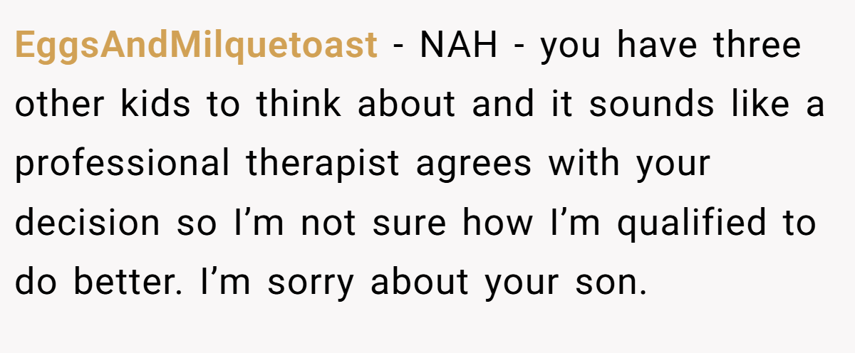 EggsAndMilquetoast − NAH - you have three other kids to think about and it sounds like a professional therapist agrees with your decision so I’m not sure how I’m qualified to do better. I’m sorry about your son.